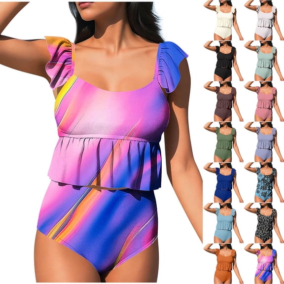 Agkizg Tankini Swimsuits for Two Piece Bathing Suits Solid Color Tankini Set Padded Wireless Crew Neck Back Adjustable Buckle Two Piece Swim Top and Bottom Swimsuits (Women's)
