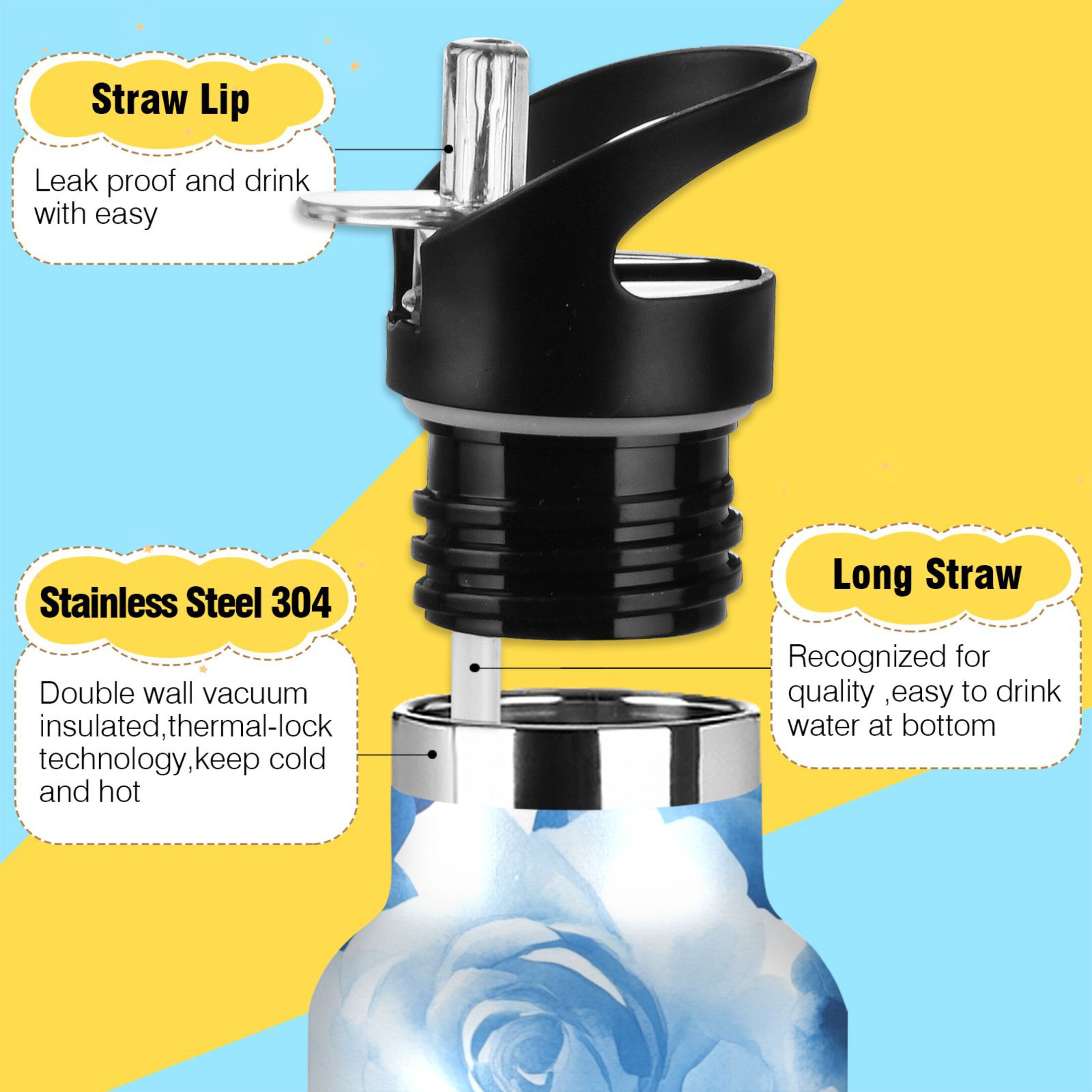 600ML Stainless Steel Insulated Cup Sports Water Bottle Portable Thermos Cup Water Glasses Insulated Tumblers Convenient and Durable Cartoon Blue Roses Seamless