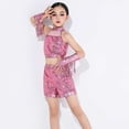 thumbnail image 4 of Mercatoo Kids Girls Sparkly Sequins Latin Outfit Crop Tops Shorts with Gloves 3 Piece Modern Jazz Cha Cha Dance Clothes Set, 4 of 8