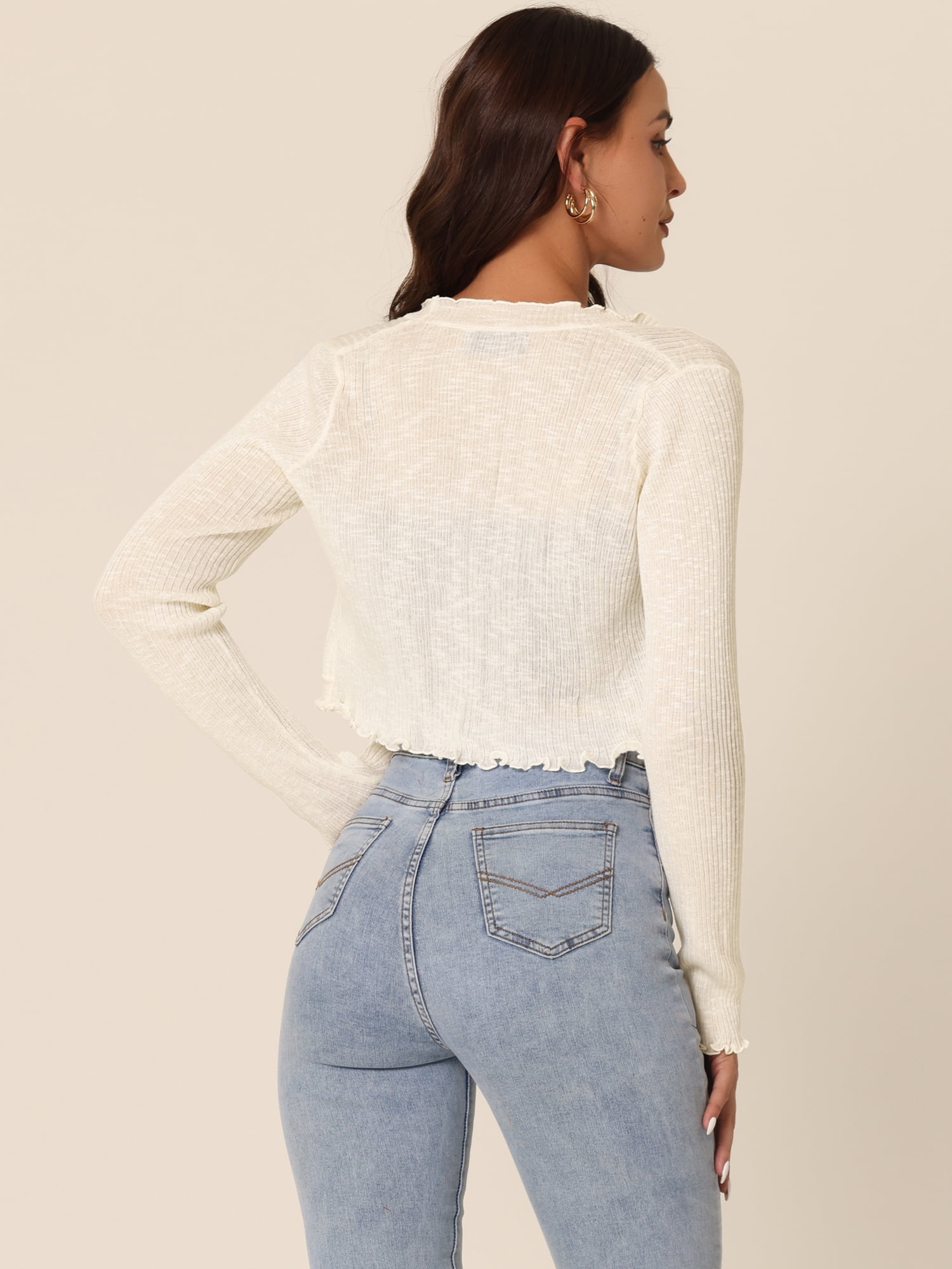 Unique Bargains Women Ribbed Knit Bolero Long Sleeve Ruffle Trim Open Front Shrug L White