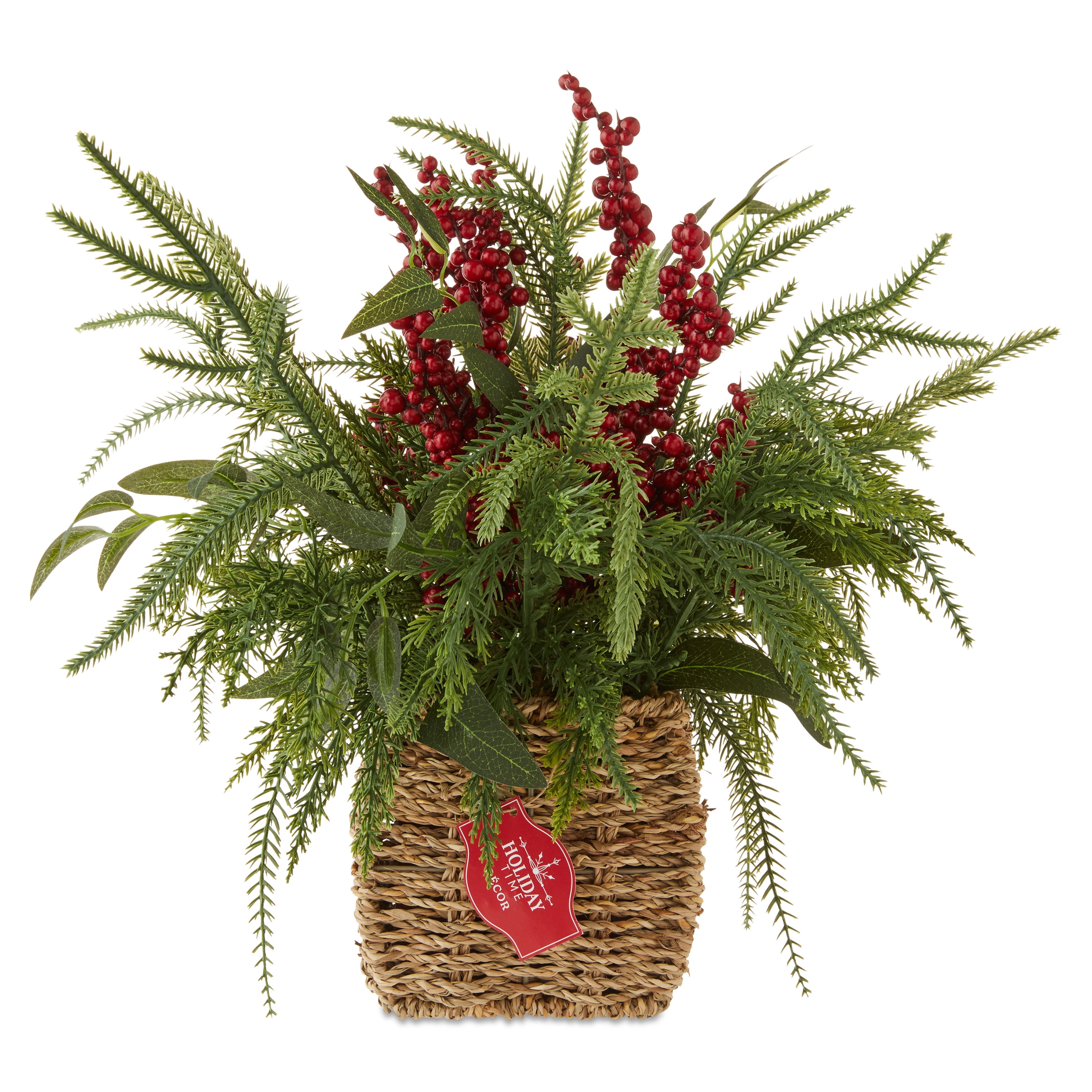 Winter Floral Basket with Berries Christmas Tabletop Decoration, Green and Red, 15", by Holiday Time