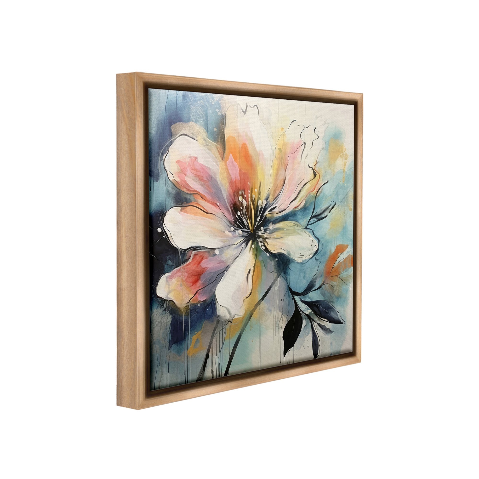 Stupell Industries Modern Pink Blossom Botanical & Floral Painting Brown Floater Framed Canvas Art Print Wall Art, 18 x 18