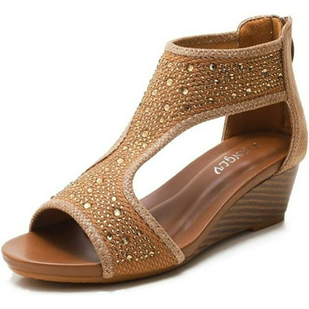 

HOLXI 2024 Women Rhinestone Hollow Out Wedge Sandals Bohemia Retro Roman Dress Sandals