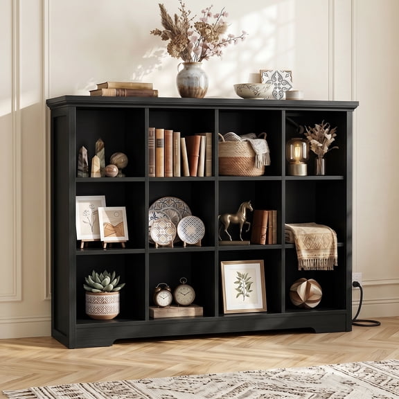 Homieasy 12 Cube Organizer Cabinet with Charging Station & USB Ports, Wooden Bookcase with 13 Open Shelves for Living Room, Bedroom, Black