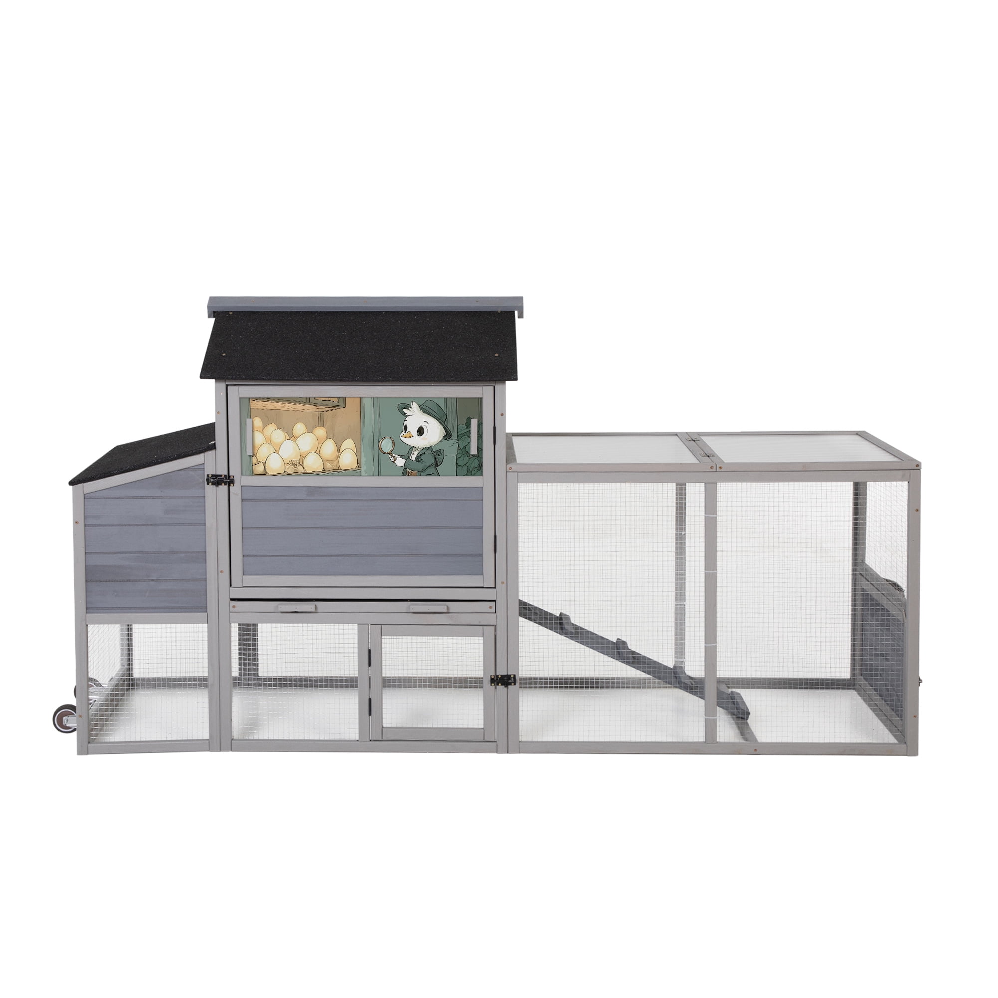 Portable Mobile Chicken Coop with Nesting Box, Sleeping Room, Run, Window, Sun Board, Doors, Pull-Out Tray, Wheels, Outdoor Backyard Pen for Small Animals, Gray with Colorful Patterns