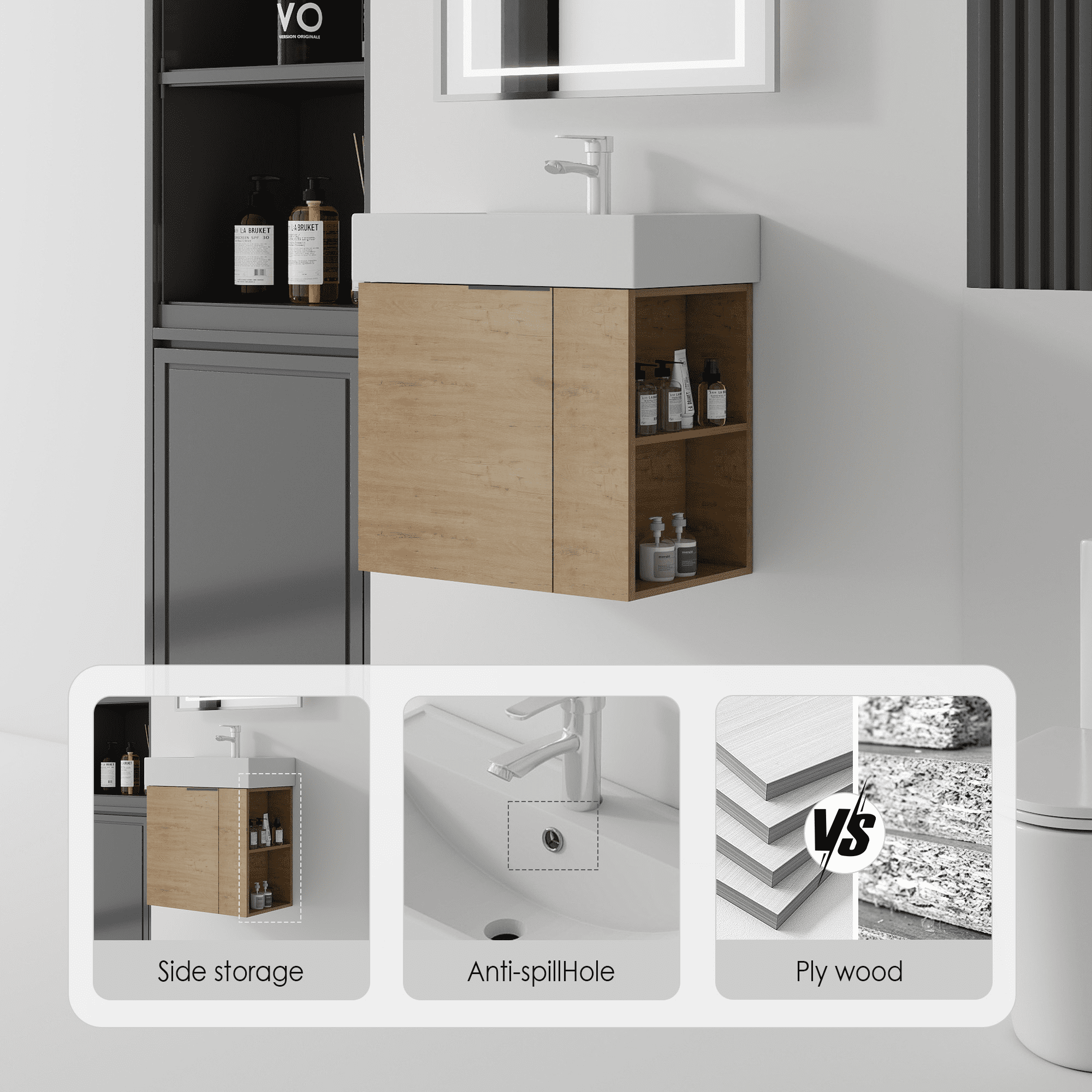 Leumius 21.6" Floating Bathroom Vanity with Ceramic Sink,Floating Bathroom Sink Cabinet for Small Space,Bathroom,Oak