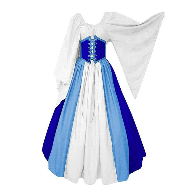 Besolor Robes Médiévales pour Femmes Manches Trompette Renaissance Robe Corset à Blocs de Couleur Tenues de Cosplay d'Halloween