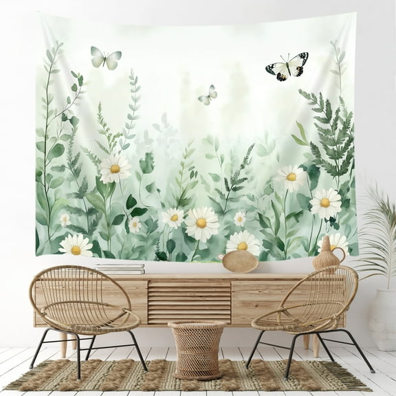 Sage Green Leaf Tapestry Wall Hanging Eucalyptus Leaves Tropical Plant Tapestry Vintage Daisy Butterfly Floral Tapestries for Bedroom Living Room Dorm Wall Art Home Decor