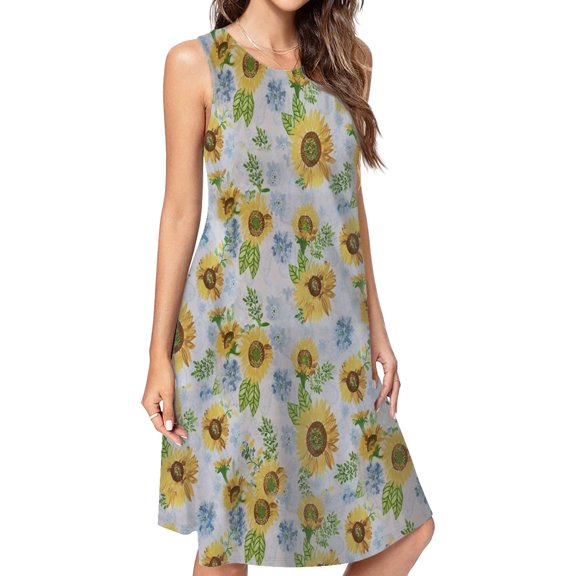 Watercolor Sunflower Background Sunflower Spring Summer Dresses For Women Fashion Dress Casual Sleeveless Loose Sundress With Pockets