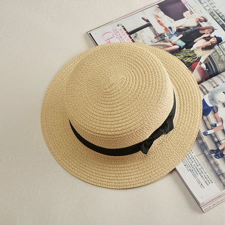 New trendy people wear tie rope flat edge hat straw sunscreen fashion female straw hat bow sun hat wholesale Adult flat along the beige