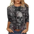 thumbnail image 2 of Uootdi Halloween Skull Distressed Shirts for Women Retro Button Crew Neck Long Sleeve Pullover Tops Fall Washed T-Shirts Multicolor Womens Tops, 2 of 5