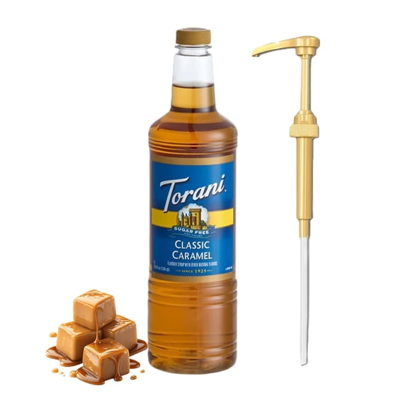 Torani Sugar Free Classic Caramel Flavouring Syrup, 1 Liter (33.8 fl oz) Plastic Bottle with Absol Gold Pump