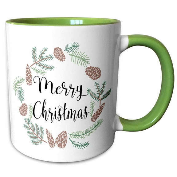 3drose, Pinecones and Pine Leaves Wreath with Merry Christmas Illustration, 11oz Two-tone Green Mug