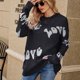 thumbnail image 3 of Jersey para mujer, suéter con cuello redondo, manga larga, patrón de letras, Jersey de punto holgado, Top para principios de otoño invierno negro L, 3 of 6