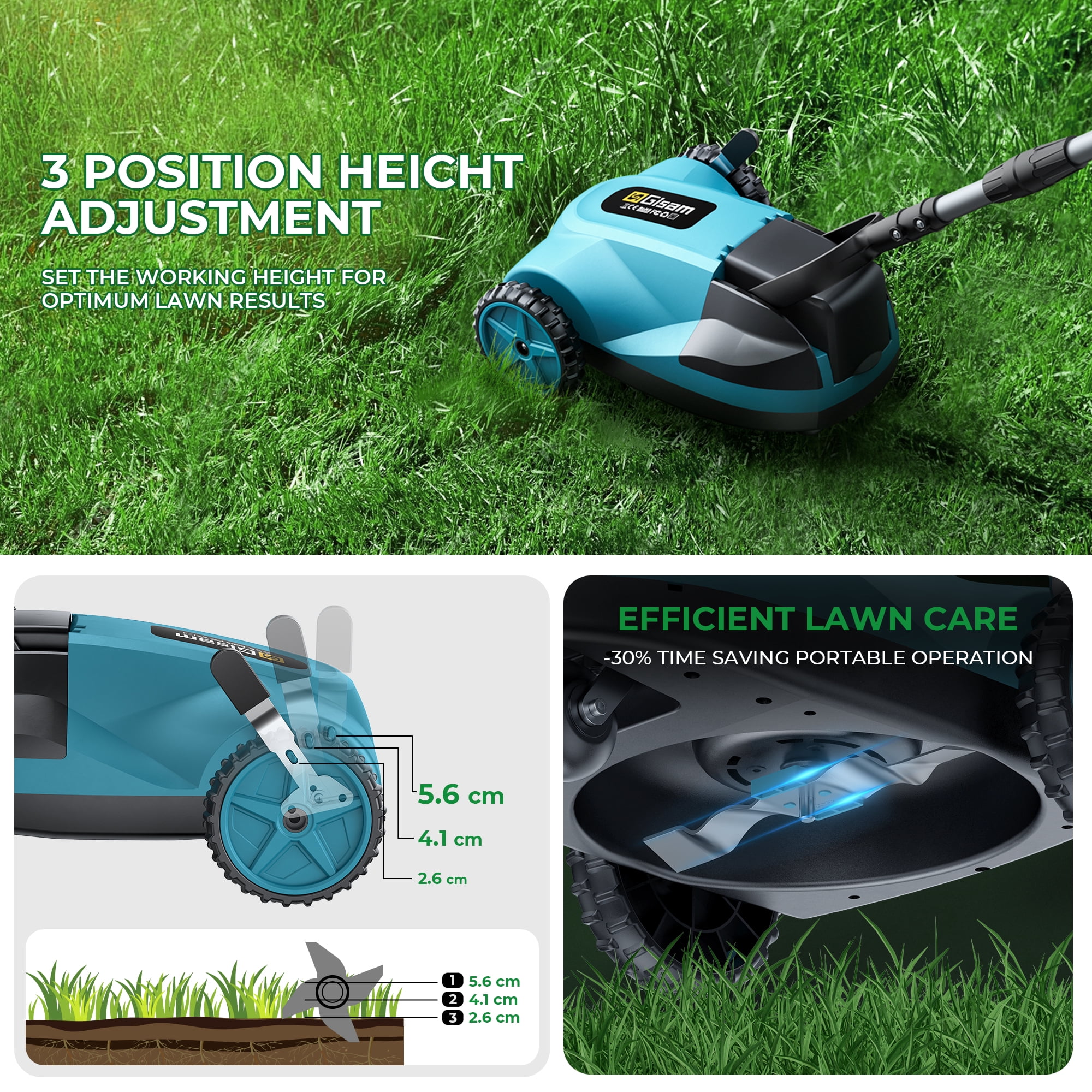 Gisam Brushless Lawn Mower Cordless 9 in Small Electric Handy Grass Mowers Lightweight, 3 Height Adjustments with 2x 4.0Ah Battery and Charger