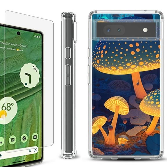 Shockproof Bumper Phone Case for Google Pixel 6a, with Tempered Glass Screen Protector, by OneToughShield ® - Glowing Mushroom