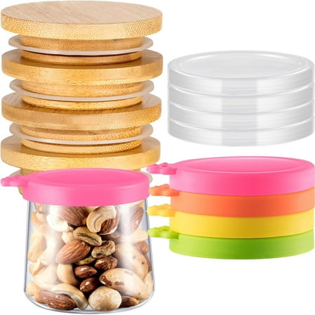 KitchenKey 12 Pcs Yogurt Jar Lids Clear Plastic Silicone and Bamboo Wood Container Lids with Sealing Rings Reusable Replacement Covers Compatible with 5, 8, 10 Oz Oui Glass Jars