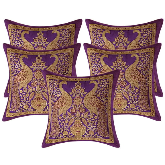Stylo Culture Indian Zippered Purple And Gold Throw Pillow Slipcovers Peacock Floral 12x12 Jacquard Weave Banarasi Decorative Sofa Throw Pillow Covers Brocade 30x30 cm Cushion Covers (Set Of 5)