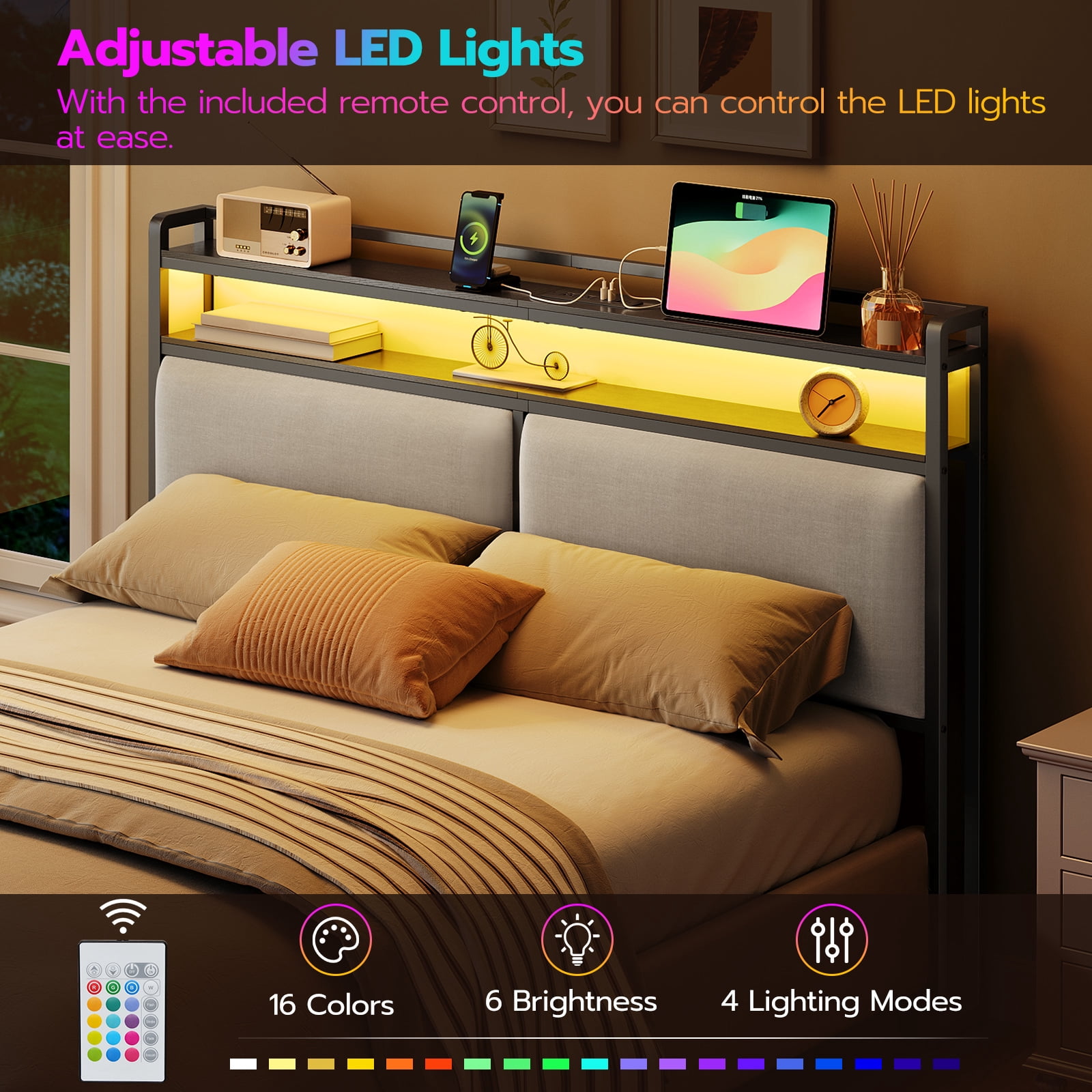 HOOBRO Queen Size Upholstered Headboard, Storage Headboard with Charging Station and Adjustable LED Lights, 2 Standard Outlets and 2 USB Ports, Queen Headboard Only  BB54UDBH01