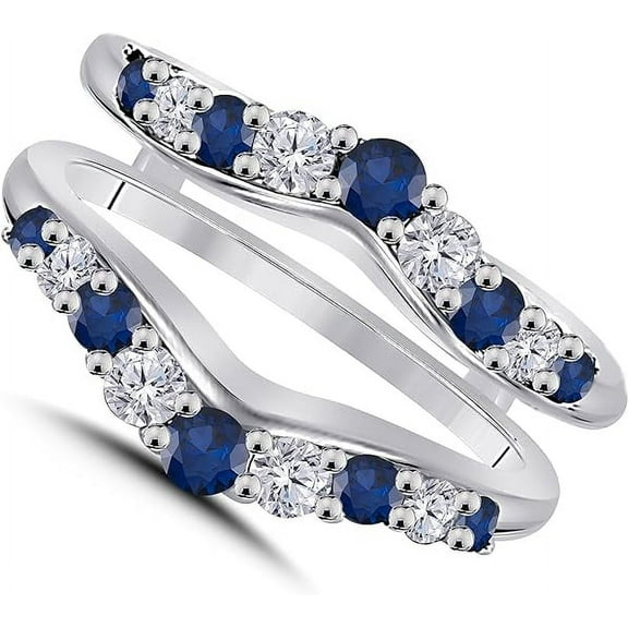 beryl_creation 14K White Gold Plated 2.25 Ct Round Cut Blue Sapphire & Diamond Wrap Enhancer Guard Engagement Wedding Ring 925 Sterling Silver For Women's -4.5