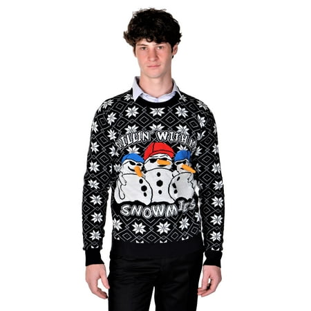 Tacky Christmas Sweater Sale RWB Mens Ugly Christmas Sweaters Chillin With My Snowmies Navy Slim Fit ()