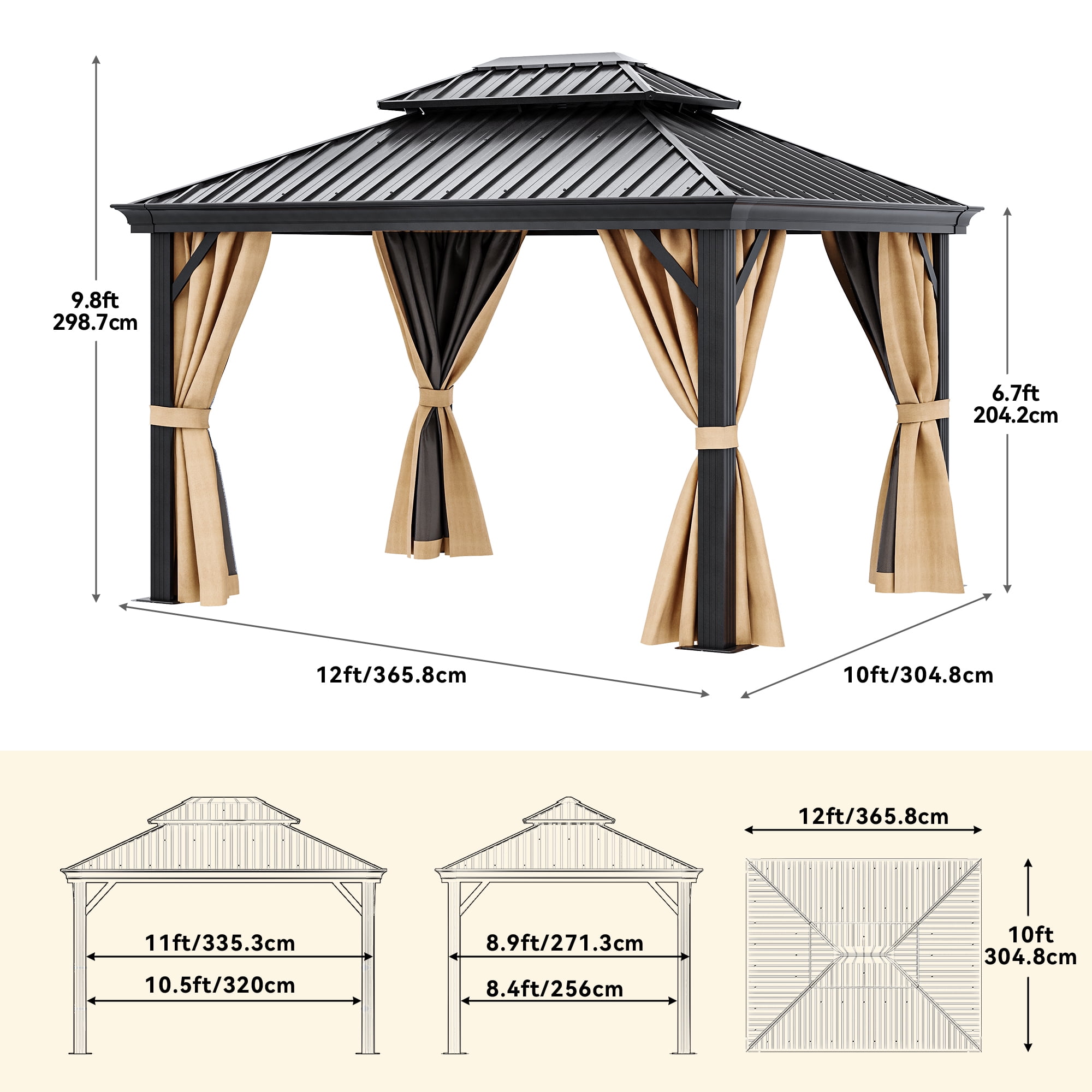 Dextrus 10x12ft Hardtop Gazebo with Nettings and Curtains, Heavy Duty Galvanized Steel Outdoor Vertical Stripes Roof for Patio, Backyard, Deck, Lawns, Brown