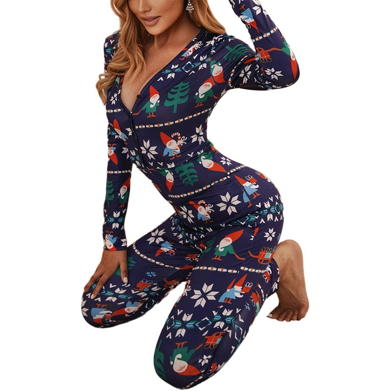 【MOODMOON】Kitsch Peterpan Long Sleeve Pajama One Piece Chirstmas Onesise Pajamas for Women Buttons V Neck Long