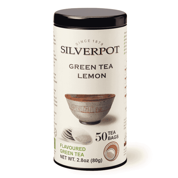 Silverpot Green Tea with Lemon - 50 Round Tea Bags | 100% Natural, Caffeinated | Reusable Tin