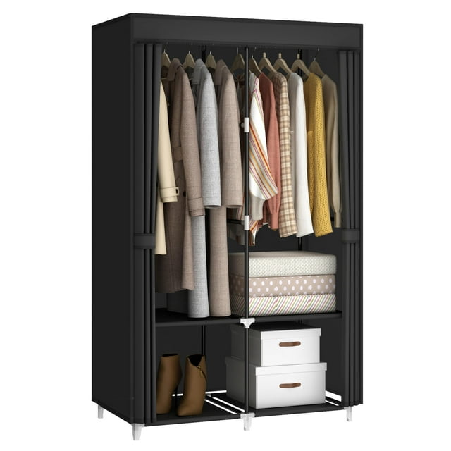 MOGELAFOO Armario portátil para habitación pequeña, estante de almacenamiento organizador de ropa de 35 pulgadas con 2 varillas para colgar ropa y 4 estantes, cubierta de tela no tejida, negro