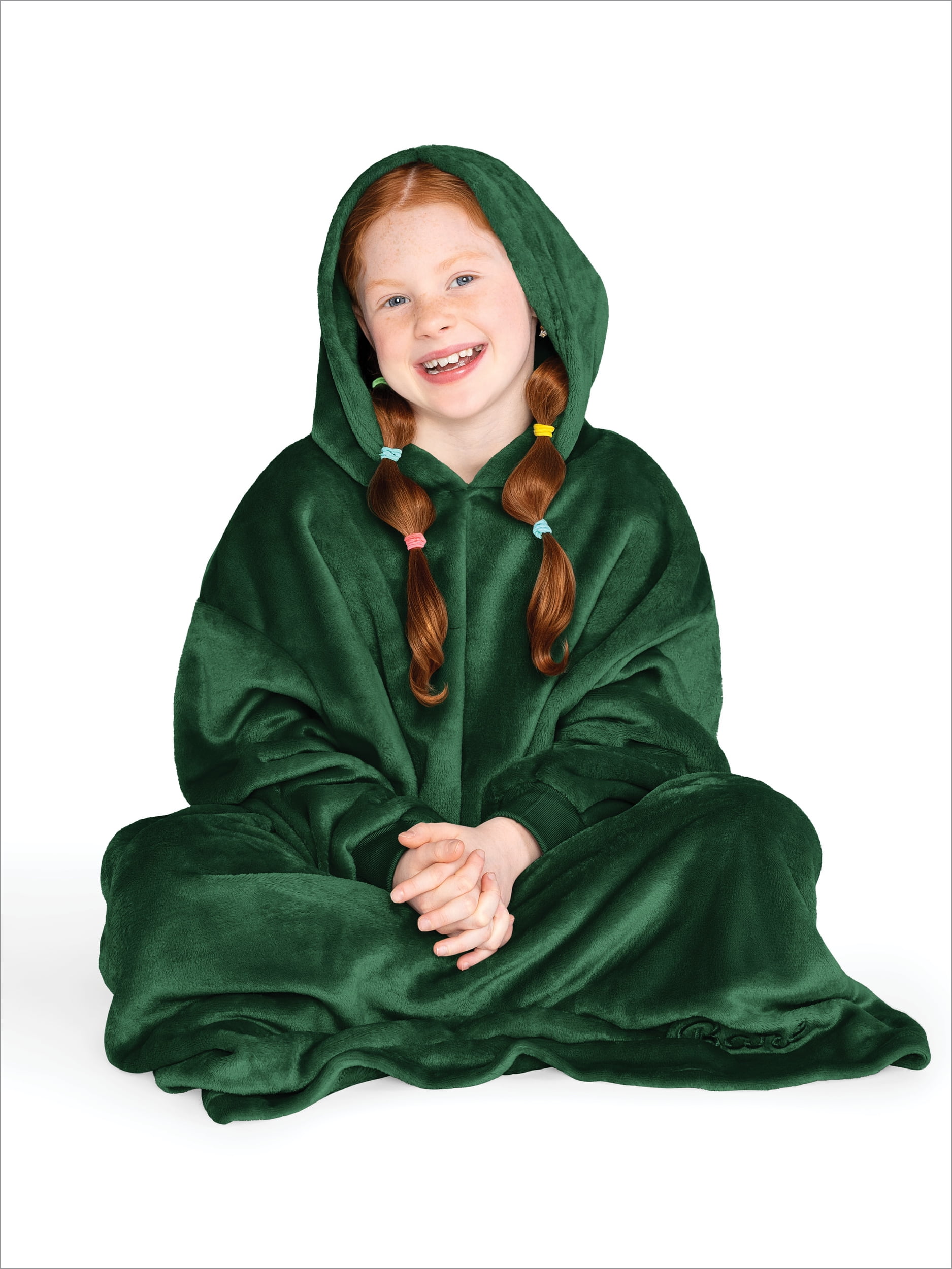 Bare Homey Kids Size Microplush Wearable Blanket - Long Length - Side Pockets - Velvety Soft, Forest Green