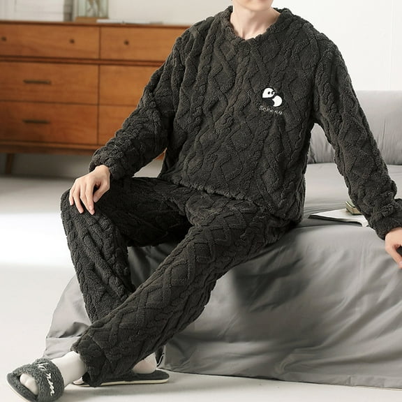 uublik Men's Pajamas Set Comfy Sleepwear Fleece Pjs Set Soft 2 Piece Lounge Set Cozy Nightwear with Pockets, Coffee