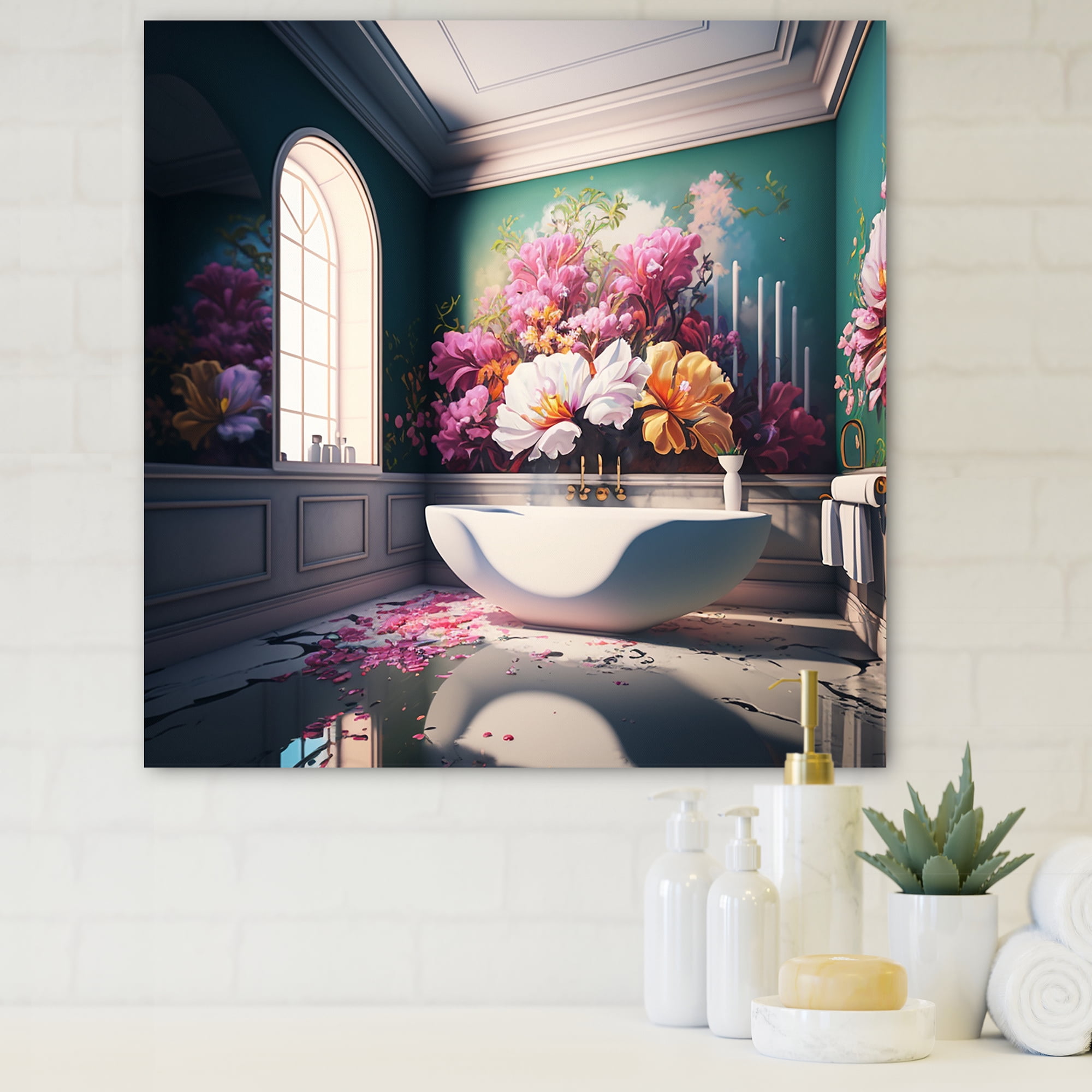 Designart Luxury Bathroom With Blooming Flowers I Canvas Wall Art