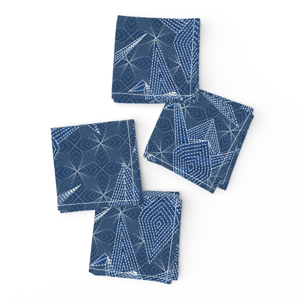 Cocktail Napkins Sashiko Origami Crane Japanese Art Blue Birds Set of 4