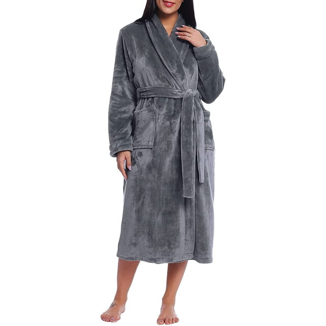 Women Plush Fleece Robe Long Warm Bathrobe Shawl Collar/Hood