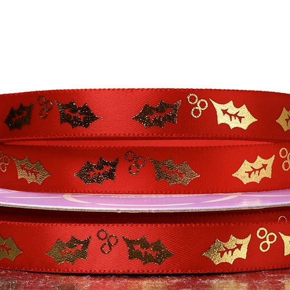 Red Satin Ribbon With Gold Holly Christmas Ribbon - 3/8in. Width X 25 Yards (5616730301)