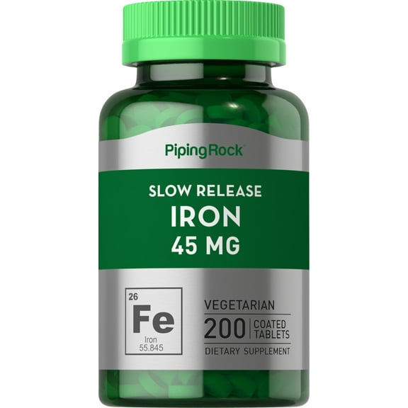 Slow Release Iron 45mg | 200 Vegetarian Tablets for Men and Women | by Piping Rock