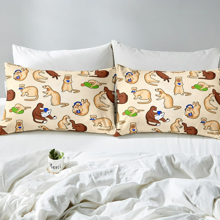 YST Kawaii Ferret Bed Set Funny Animal Duvet Cover Cute Wildlife Bedding Sets Full Brown Beige Comforter Cover Modern Computer Headphone Bed Cover