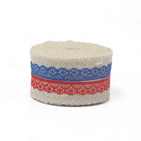 Rollo de cinta de yute AAYU 13,7 m ecológica con encaje rojo y azul
