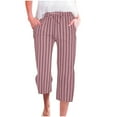 thumbnail image 3 of Yxbdin Womens Cotton Linen Plus Size Capri Pants with Pockets Striped Drawstring Elastic High Waisted Pant Dressy Casual Fashion Trousers Pink S, 3 of 8