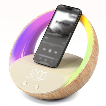15W Fast Wireless Charging Alarm Clock with Sunrise Simulation, 10W Speaker, USB Charger - Multi-Device Charging Station & Phone Dock for Bedroom