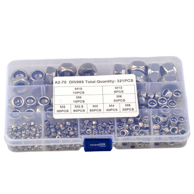 321Pcs 304 Stainless Steel Metric Lock Nut Kit Nylon Inserts Hex Lock Nuts Boxed