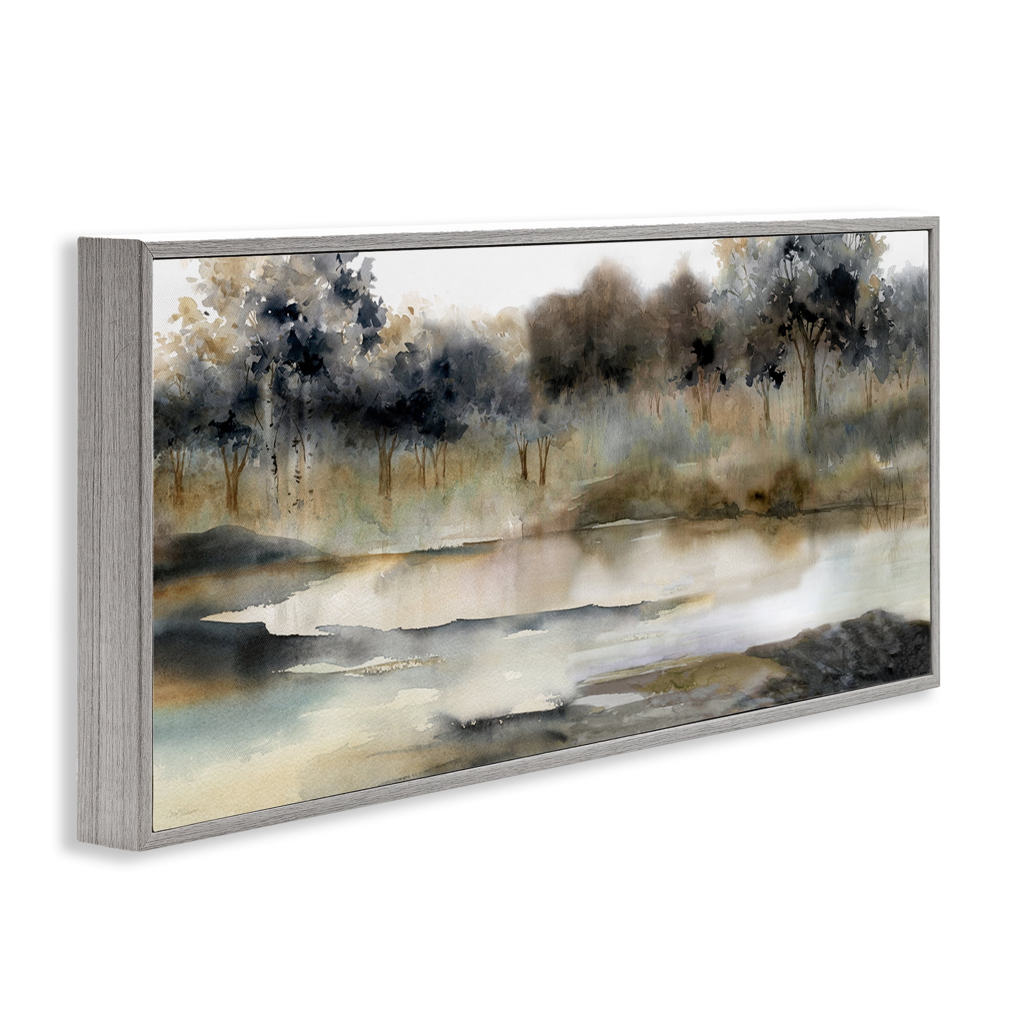 Trees By Lakeside Landscape Gray Framed Giclee Art, 30 x 13