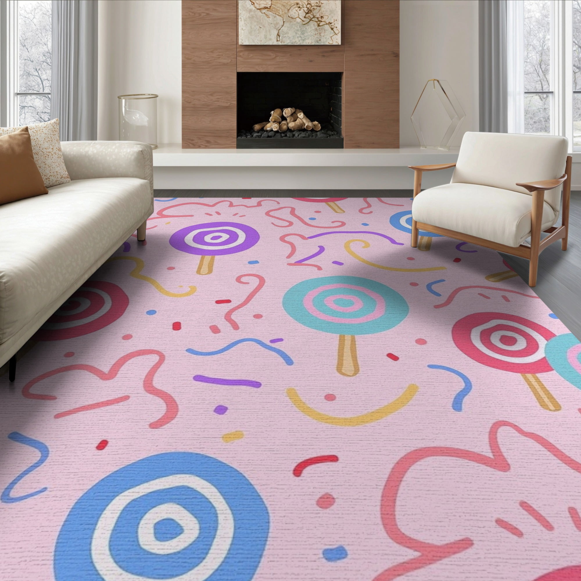 ODIKA 8 x10 Washable Area Rug Pastel Candy Swirl Fantasy Design Whimsical Lollipop and Sprinkle Motif for Dining Room Large Office Lounge Non-Slip Chair-Friendly Mat