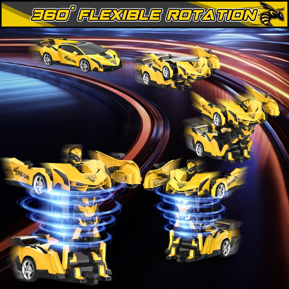 Wupuaait 2.4Ghz Transform Rc Cars 1:18 Scale Remote Control Car Transforming Robot, One-Button Deformation 360° Rotation Car Toy Gifts for Boys 3-12, Bee