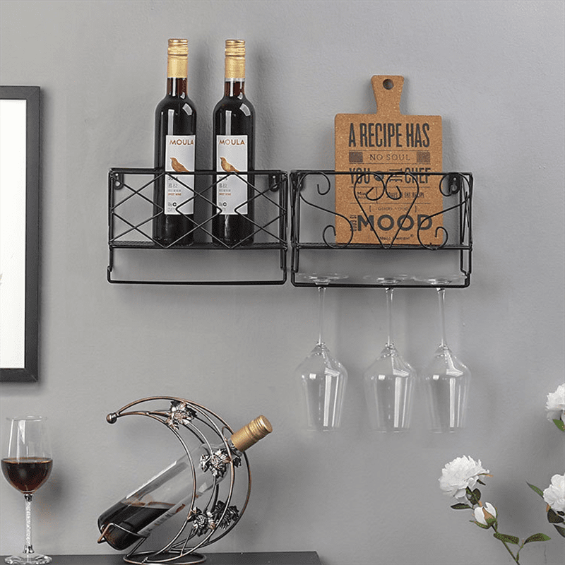 Wall Mount Metal Wine Rack Storage Shelf Glass Holder Hanging Home Kitchen Decor 