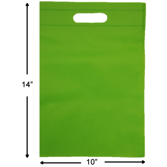 100 Reusable, 10" W x 14" H (W x H), Green Color, Die-Cut Handle, Non-Woven Polypropylene, Heavy 60 GSM, Bags. 50 Bags/Box, 2 Box/Case, 100 Bags/Case/Order.