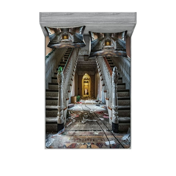 Ambesonne Vintage Fitted Sheet & Pillow Sham Set, Abandoned Opera House, Full, Brown Beige