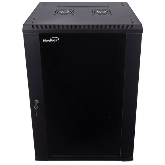 NavePoint 18U Server Cabinet Wall Mount Rack Enclosure with Caster Wheels, Includes 2 Fans, Locking Glass Door, Removable Side Panels – 18U Network Cabinet 17.7” Deep, 19”Server Rack for IT Equipment