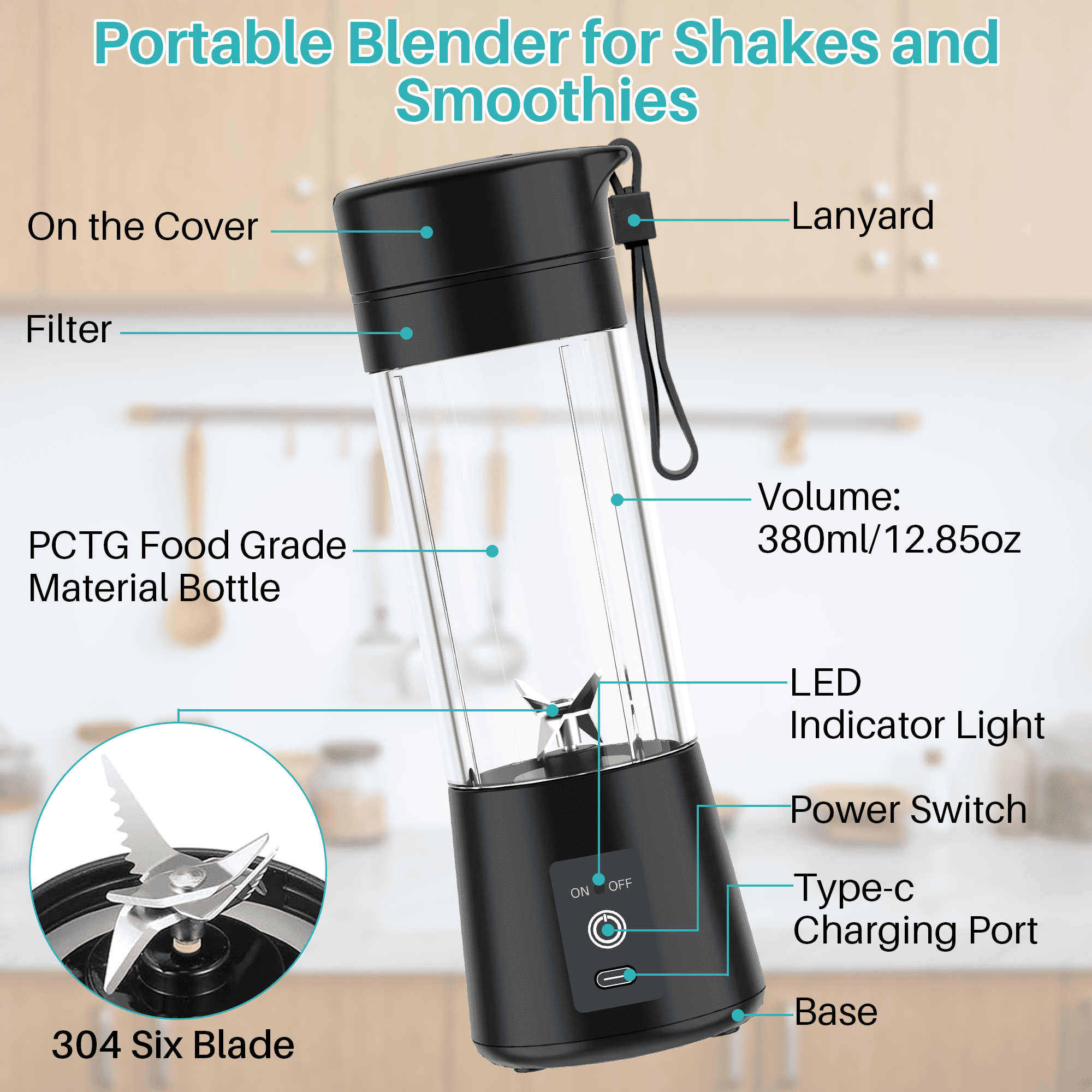 VIIWII Portable Personal Blender Cup for Smoothies and Shakes, Smoothie Blender Mini Machine, 380ml