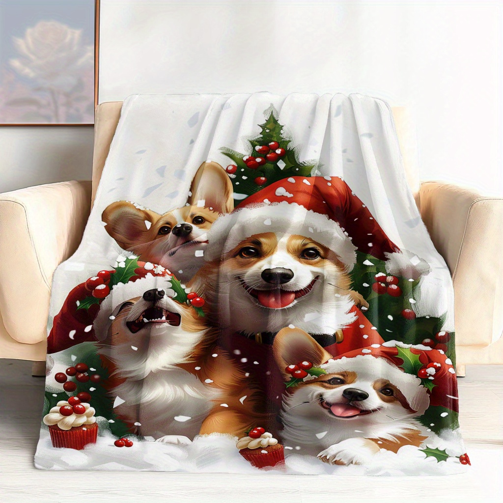 1pc Christmas Corgi Dog Pattern Flannel Throw Blanket, Soft Quilted Polyester Knit, Digital Print Cozy Blanket for Couch, Bed, Office, Travel, and Camping - Versatile All-Season Comfort